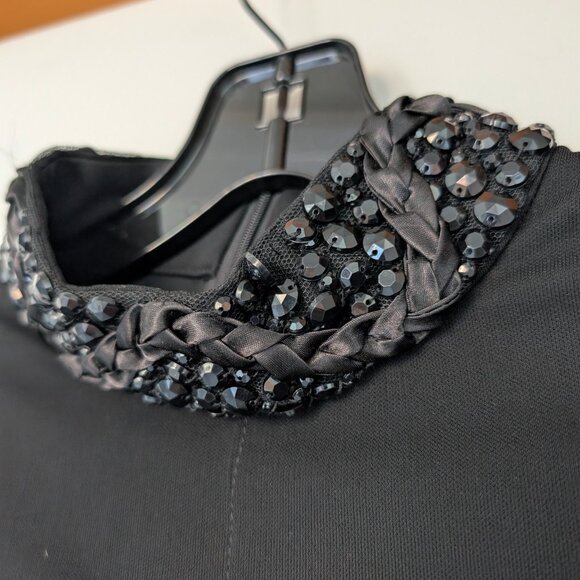 Black Ruched Statement Dress (Beaded Collar, Bell Sleeves) - Picture 4 of 6